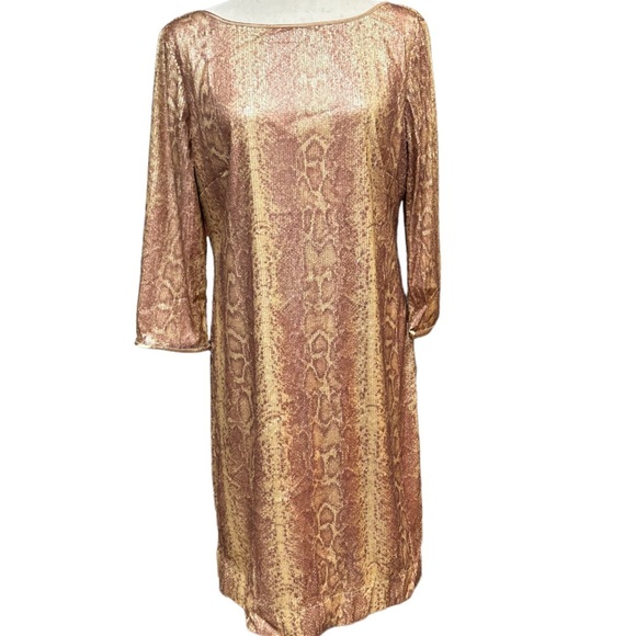 Tahari Sequin Snake Print Sheath Dress With Drape Back - Picture 3 of 12